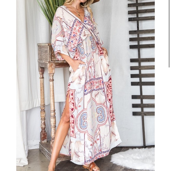 Multi Stripe Floral Print V-Neck Dolman Sleeves Maxi Dress with Side… - Picture 3 of 16